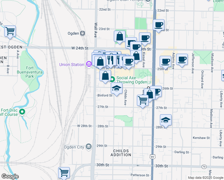 map of restaurants, bars, coffee shops, grocery stores, and more near 2600 Lincoln Avenue in Ogden