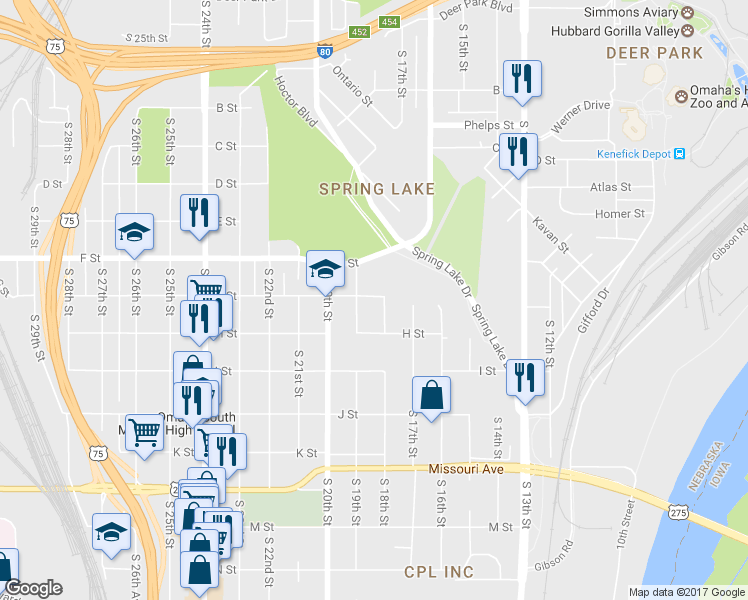 map of restaurants, bars, coffee shops, grocery stores, and more near 1807 G Street in Omaha