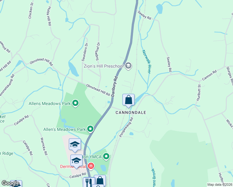 map of restaurants, bars, coffee shops, grocery stores, and more near 450 Danbury Road in Wilton
