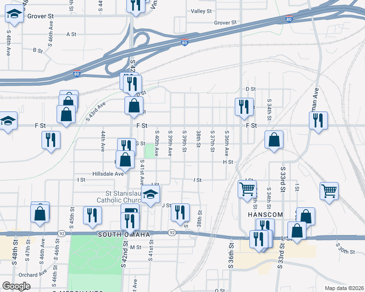 map of restaurants, bars, coffee shops, grocery stores, and more near 4202 South 39th Street in Omaha