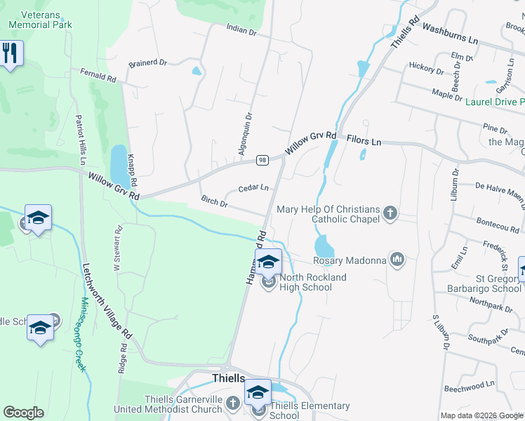 map of restaurants, bars, coffee shops, grocery stores, and more near 1 Birch Drive in Thiells