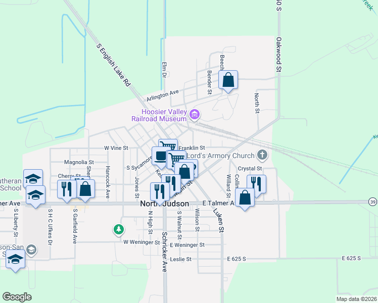 map of restaurants, bars, coffee shops, grocery stores, and more near 209 Franklin Street in North Judson