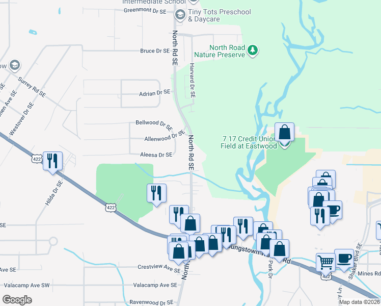 map of restaurants, bars, coffee shops, grocery stores, and more near 1428 North Road Southeast in Warren