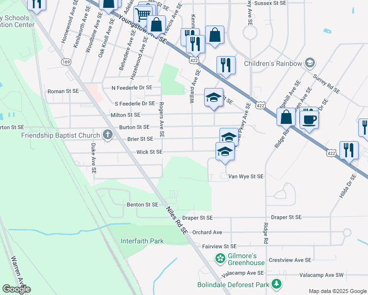 map of restaurants, bars, coffee shops, grocery stores, and more near 2511 Wick Street Southeast in Warren