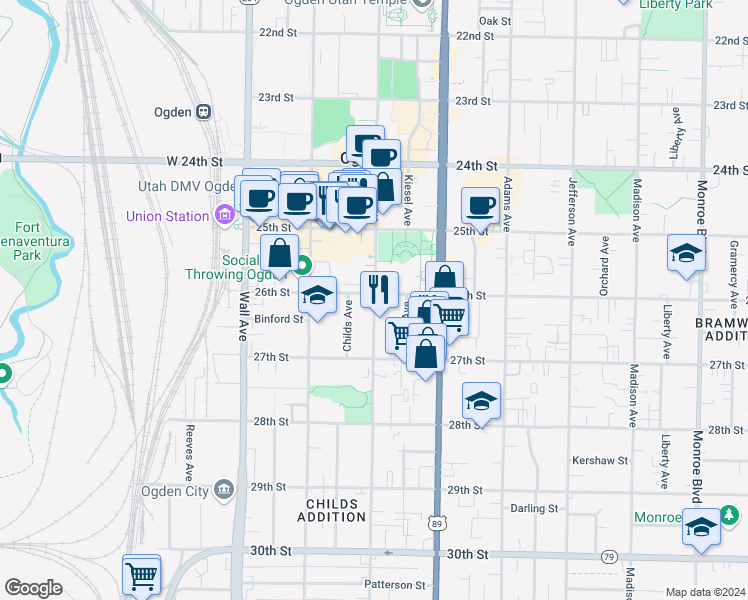 map of restaurants, bars, coffee shops, grocery stores, and more near Grant Avenue in Ogden