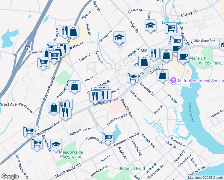 map of restaurants, bars, coffee shops, grocery stores, and more near 51 Golden Hill Street in Milford
