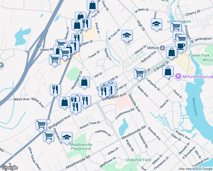 map of restaurants, bars, coffee shops, grocery stores, and more near 12 Pearl Hill Street in Milford