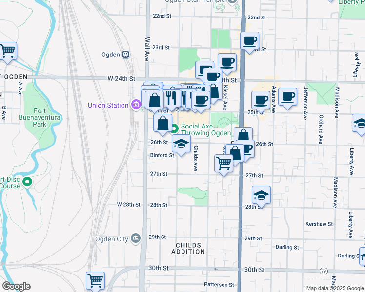 map of restaurants, bars, coffee shops, grocery stores, and more near 239 26th Street in Ogden