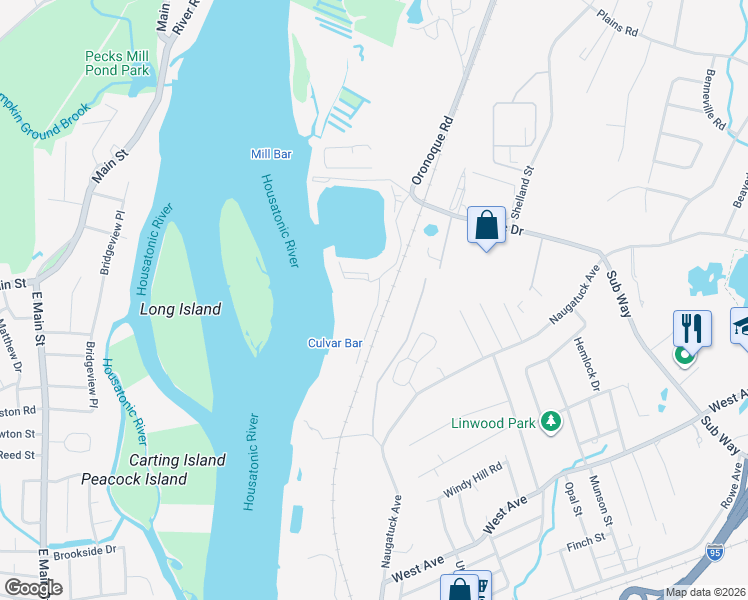 map of restaurants, bars, coffee shops, grocery stores, and more near 1128 Windward Road in Milford