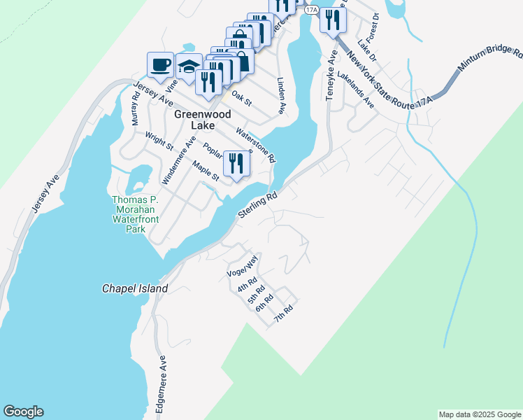 map of restaurants, bars, coffee shops, grocery stores, and more near 46 Sterling Road in Greenwood Lake