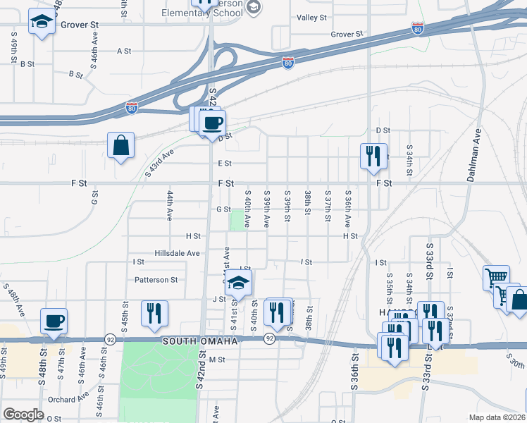 map of restaurants, bars, coffee shops, grocery stores, and more near 4202 South 39th Avenue in Omaha