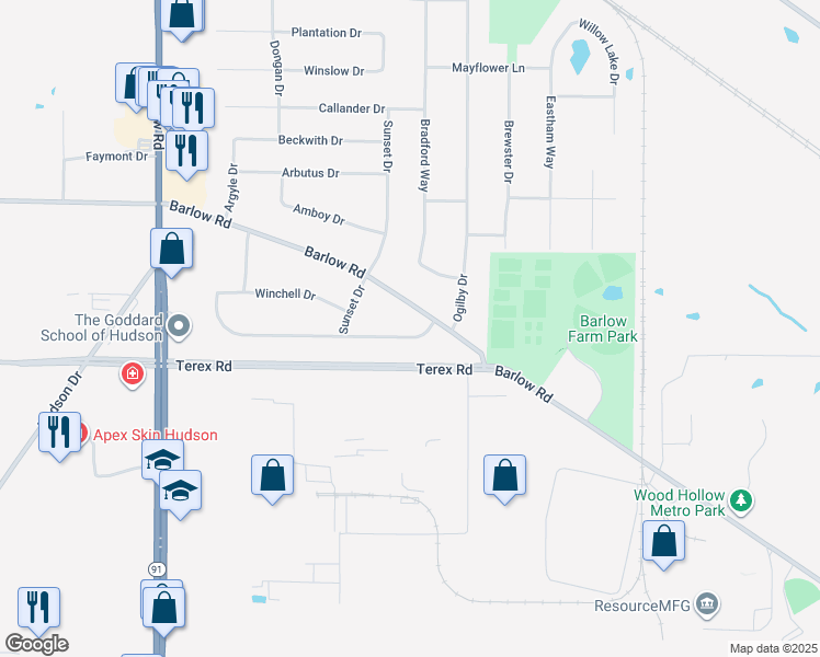 map of restaurants, bars, coffee shops, grocery stores, and more near 1633 Carriage Hill Drive in Hudson