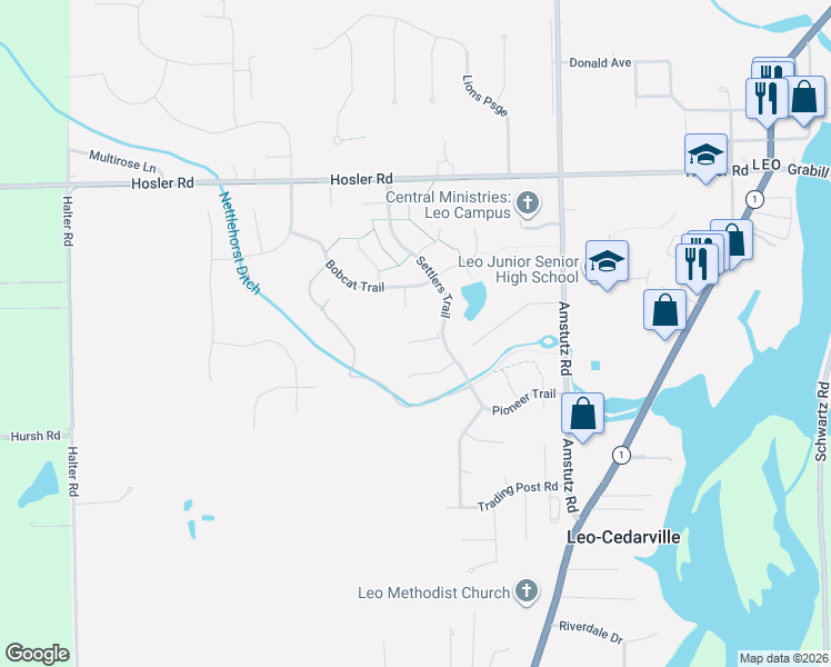 map of restaurants, bars, coffee shops, grocery stores, and more near 9521 Red Cloud Court in Leo-Cedarville