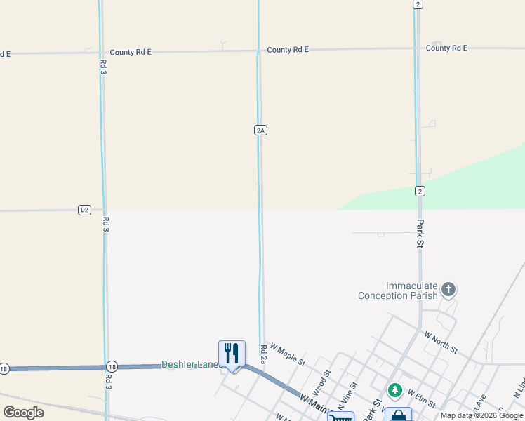 map of restaurants, bars, coffee shops, grocery stores, and more near N-212 County Road 3 in Deshler