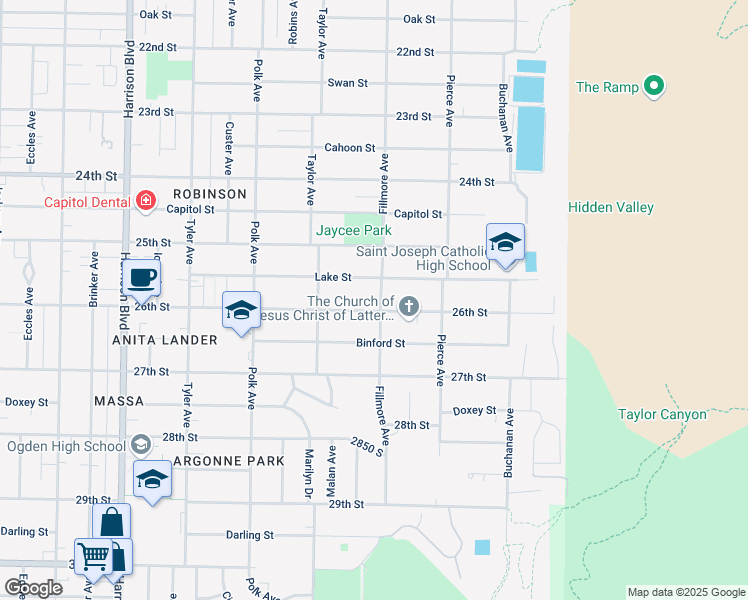 map of restaurants, bars, coffee shops, grocery stores, and more near 2579 Fillmore Avenue in Ogden