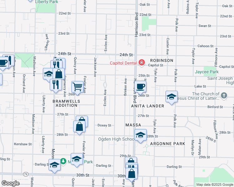 map of restaurants, bars, coffee shops, grocery stores, and more near 2584 Van Buren Avenue in Ogden