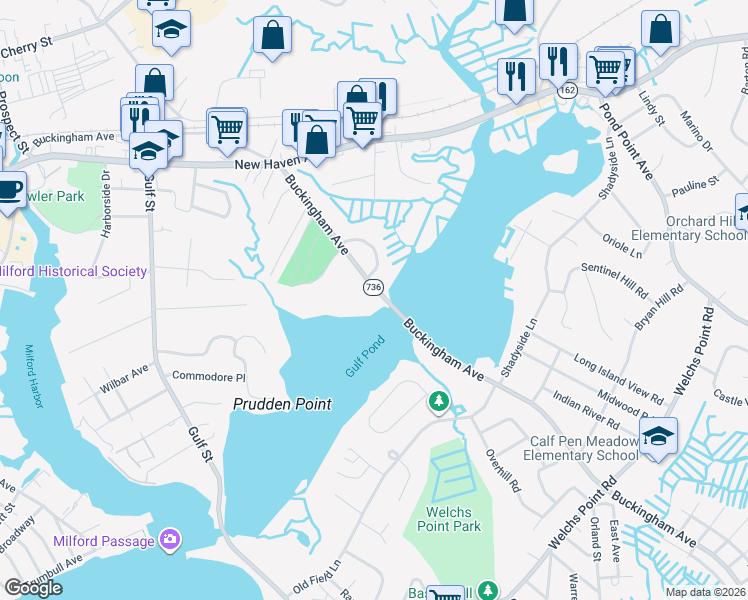 map of restaurants, bars, coffee shops, grocery stores, and more near 439 Buckingham Avenue in Milford