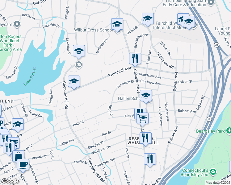 map of restaurants, bars, coffee shops, grocery stores, and more near 62 Rockridge Circle in Bridgeport