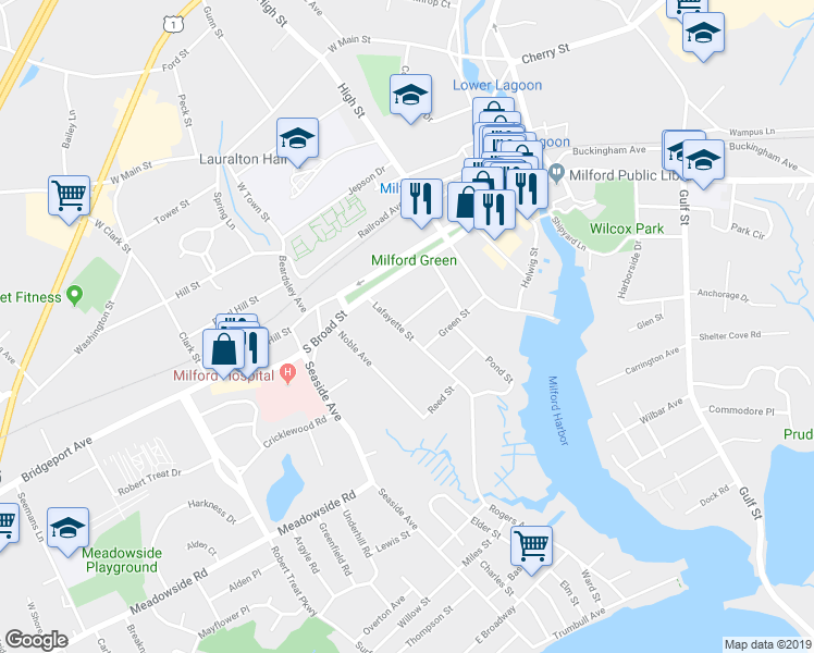 map of restaurants, bars, coffee shops, grocery stores, and more near 39-41 Central Avenue in Milford