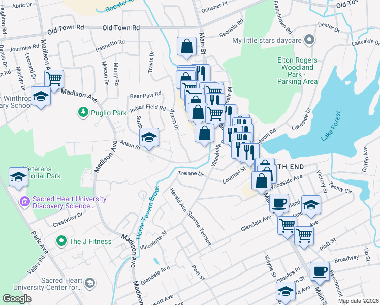 map of restaurants, bars, coffee shops, grocery stores, and more near 36 Anton Drive in Bridgeport