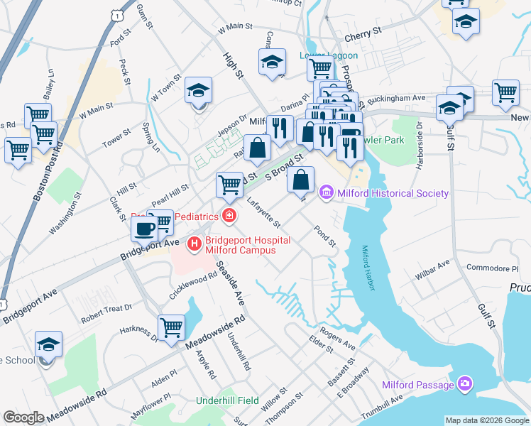 map of restaurants, bars, coffee shops, grocery stores, and more near Lafayette Street & Central Avenue in Milford