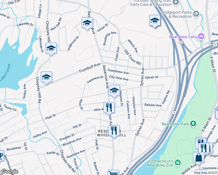 map of restaurants, bars, coffee shops, grocery stores, and more near 1310 Reservoir Avenue in Bridgeport