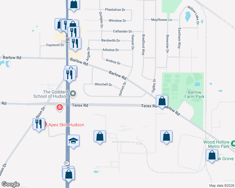 map of restaurants, bars, coffee shops, grocery stores, and more near 5602 Sunset Drive in Hudson