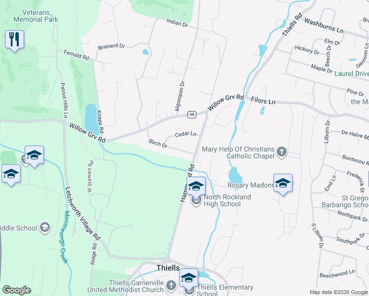 map of restaurants, bars, coffee shops, grocery stores, and more near 1 Birch Drive in Thiells