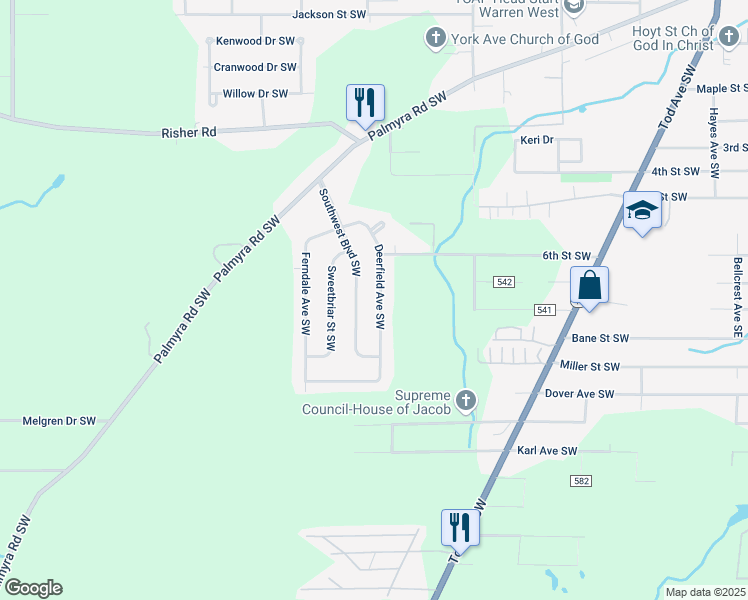 map of restaurants, bars, coffee shops, grocery stores, and more near 1802 Deerfield Avenue Southwest in Warren