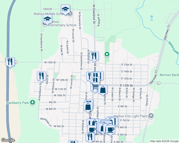 map of restaurants, bars, coffee shops, grocery stores, and more near 1344 North Walnut Street in Wahoo
