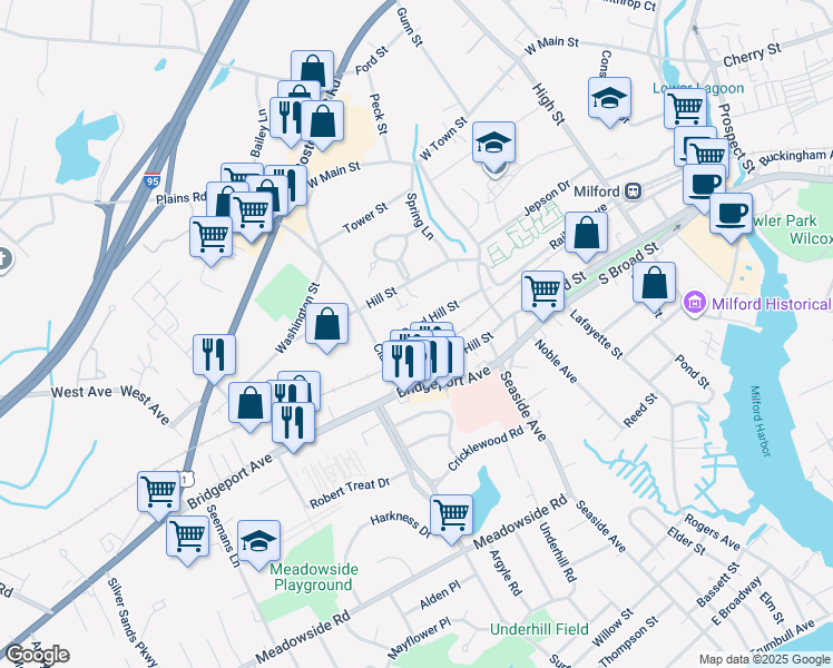 map of restaurants, bars, coffee shops, grocery stores, and more near 12 Pearl Hill Street in Milford