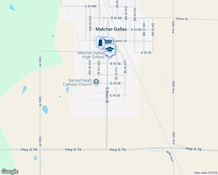 map of restaurants, bars, coffee shops, grocery stores, and more near 506 South Main Street in Melcher-Dallas