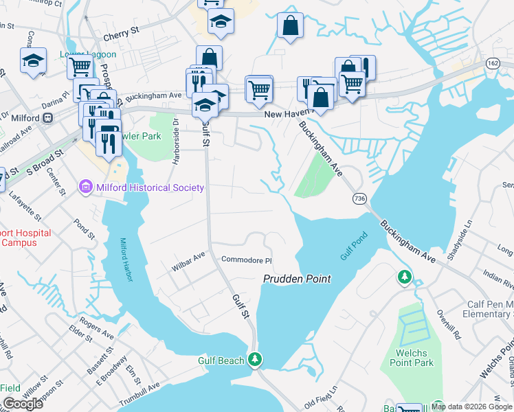 map of restaurants, bars, coffee shops, grocery stores, and more near 68 Shelter Cove Road in Milford