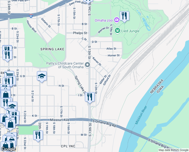 map of restaurants, bars, coffee shops, grocery stores, and more near 4134 South 12th Street in Omaha