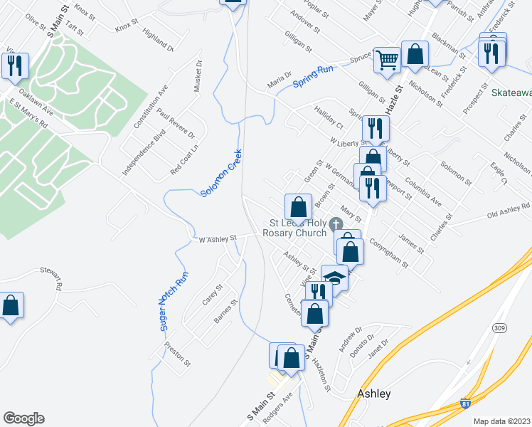 map of restaurants, bars, coffee shops, grocery stores, and more near 81 Ashley Street in Ashley