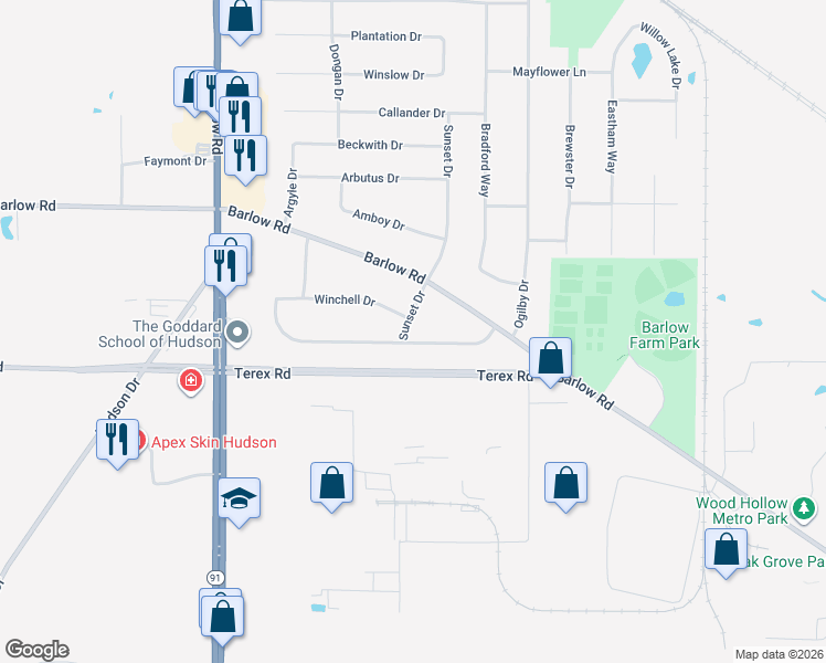 map of restaurants, bars, coffee shops, grocery stores, and more near 5602 Sunset Drive in Hudson