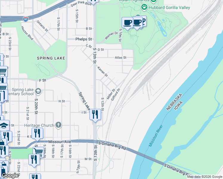 map of restaurants, bars, coffee shops, grocery stores, and more near 1114 Miller Street in Omaha