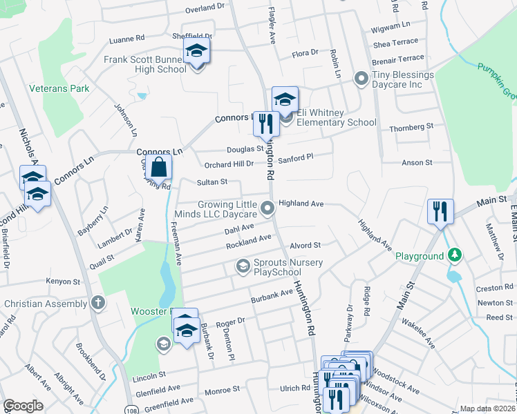 map of restaurants, bars, coffee shops, grocery stores, and more near 835 Huntington Road in Stratford