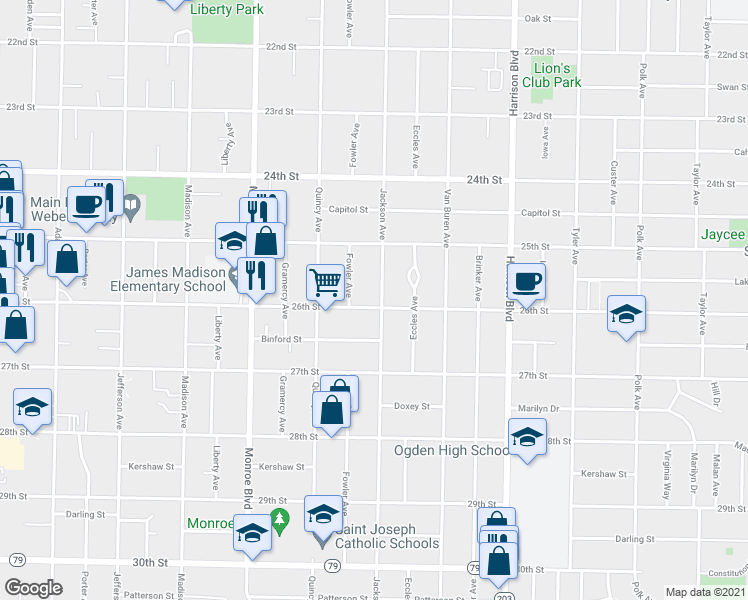 map of restaurants, bars, coffee shops, grocery stores, and more near 2587 Jackson Avenue in Ogden
