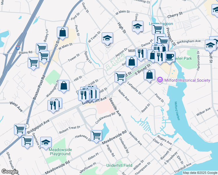 map of restaurants, bars, coffee shops, grocery stores, and more near 26 Golden Hill Street in Milford