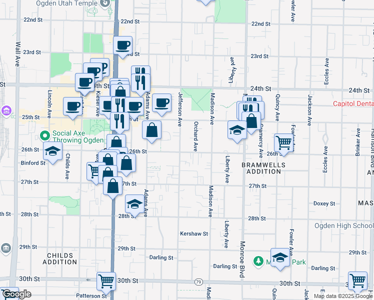 map of restaurants, bars, coffee shops, grocery stores, and more near 2580 Jefferson Avenue in Ogden