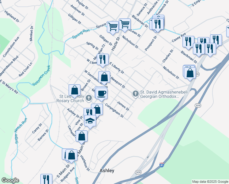 map of restaurants, bars, coffee shops, grocery stores, and more near 12 East Germania Street in Wilkes-Barre