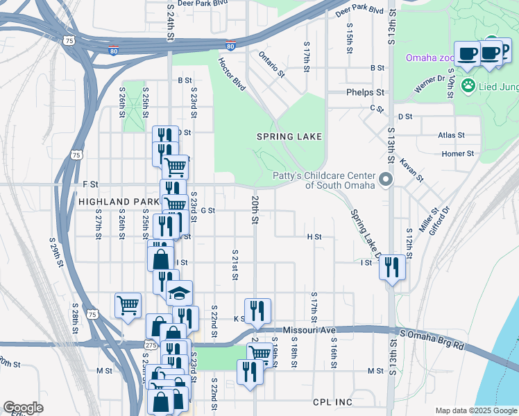 map of restaurants, bars, coffee shops, grocery stores, and more near 4123 South 20th Street in Omaha