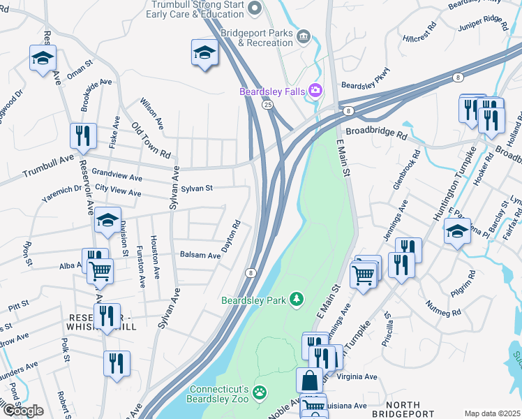 map of restaurants, bars, coffee shops, grocery stores, and more near 392 Hillcrest Road in Bridgeport