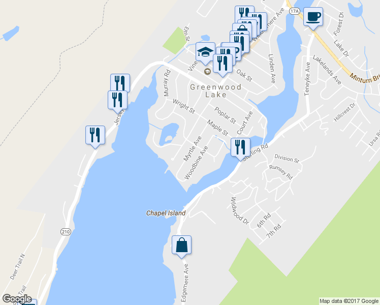 map of restaurants, bars, coffee shops, grocery stores, and more near 18 Myrtle Avenue in Greenwood Lake