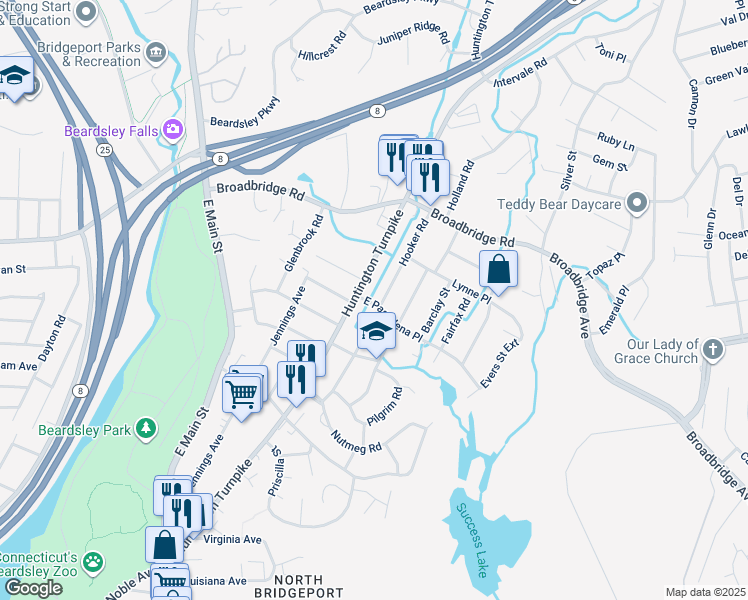 map of restaurants, bars, coffee shops, grocery stores, and more near 39 East Pasadena Place in Bridgeport