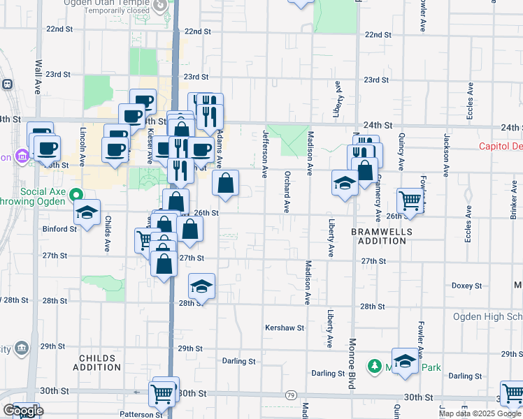 map of restaurants, bars, coffee shops, grocery stores, and more near 2580 Jefferson Avenue in Ogden