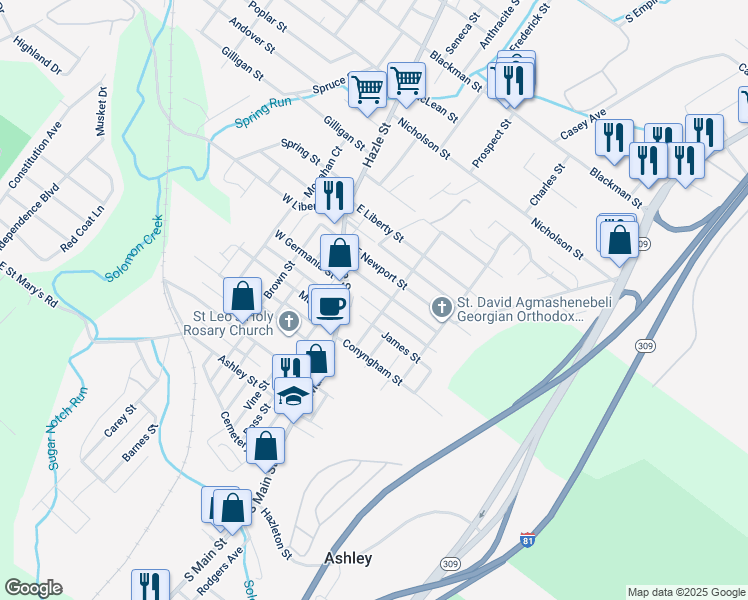 map of restaurants, bars, coffee shops, grocery stores, and more near 12 East Germania Street in Wilkes-Barre