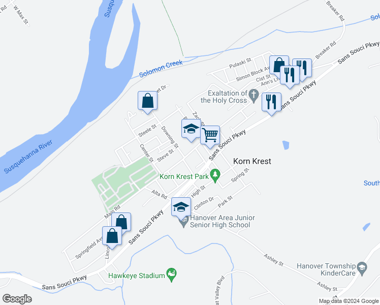 map of restaurants, bars, coffee shops, grocery stores, and more near 561-599 Main Rd in Wilkes-Barre