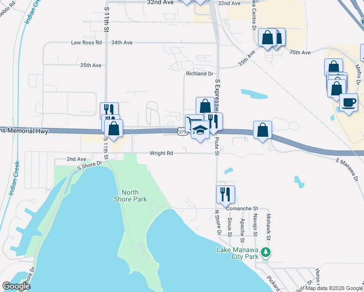 map of restaurants, bars, coffee shops, grocery stores, and more near 601 Veterans Memorial Highway in Council Bluffs